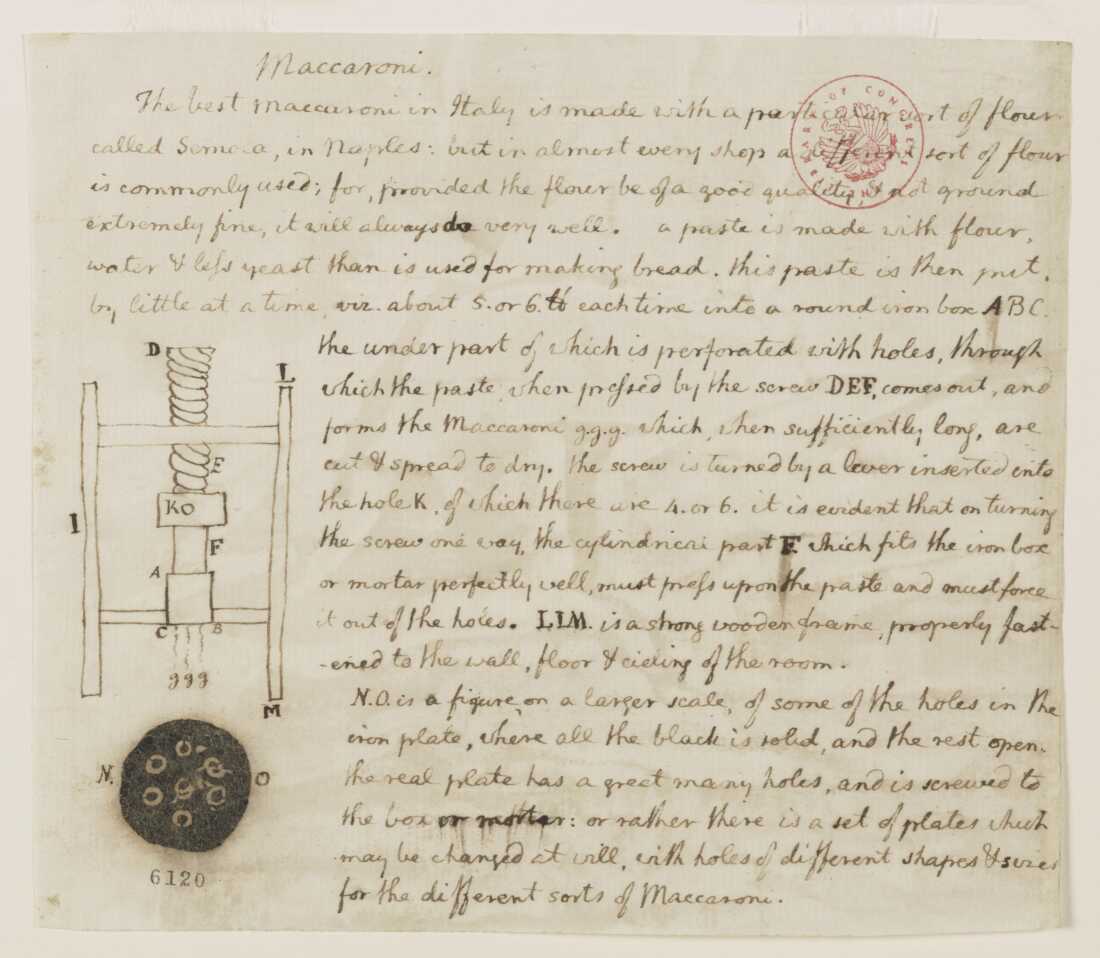Thomas Jefferson's drawing of a macaroni machine and instructions for making pasta, circa 1787.
