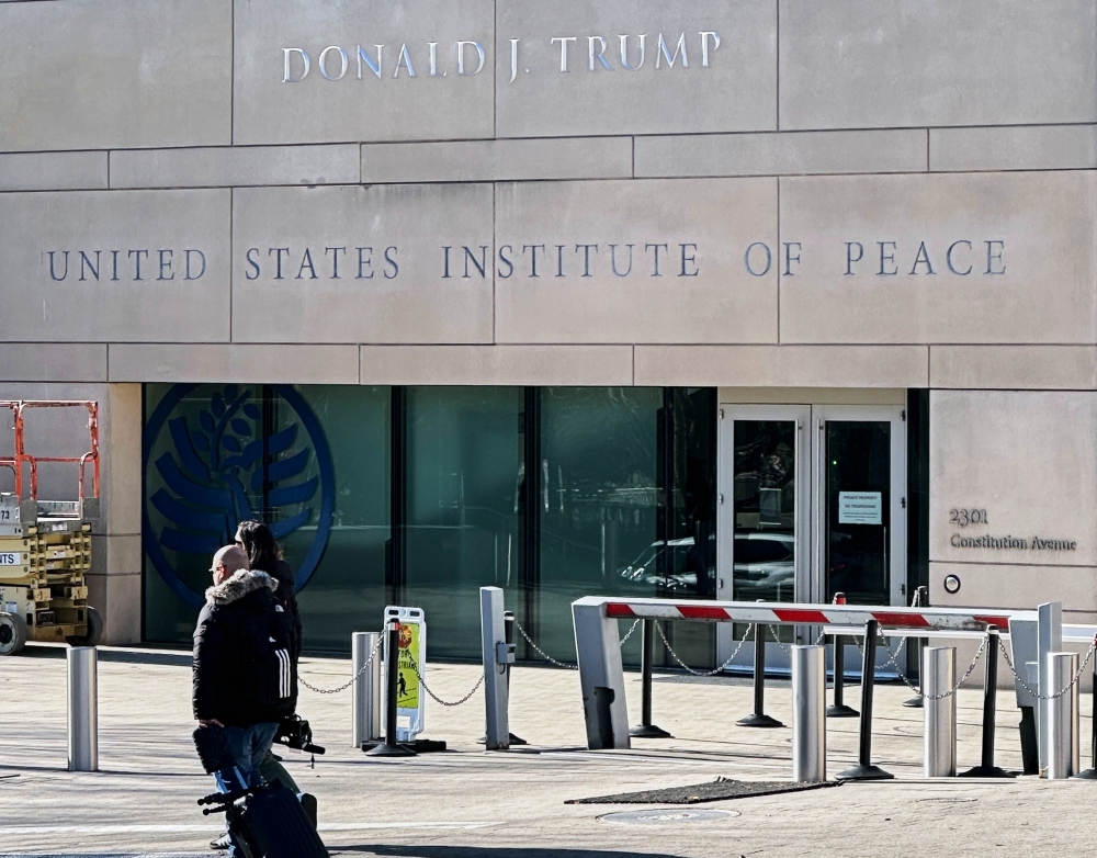 President Donald Trump's name is seen on the United State Institute of Peace building, Wednesday, Dec. 3, 2025 in Washington. (AP)