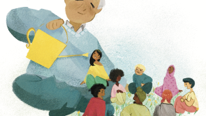 An older man waters his village of friends and neighbors with a watering can.