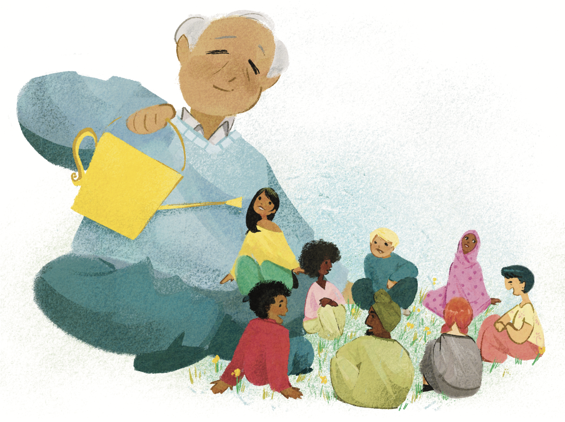 Старији човек залива своје село пријатеља и комшија кантом за заливање.