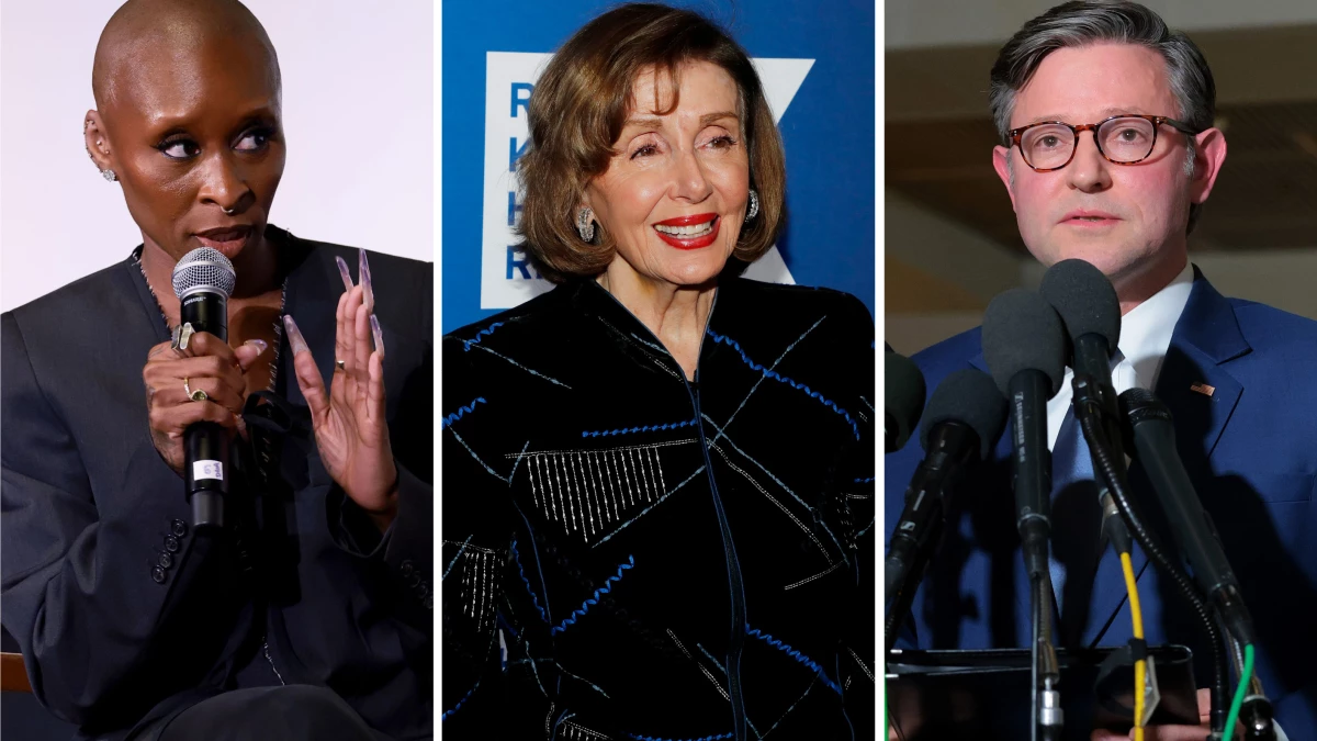 From left: Cynthia Erivo, Nancy Pelosi, Mike Johnson.
