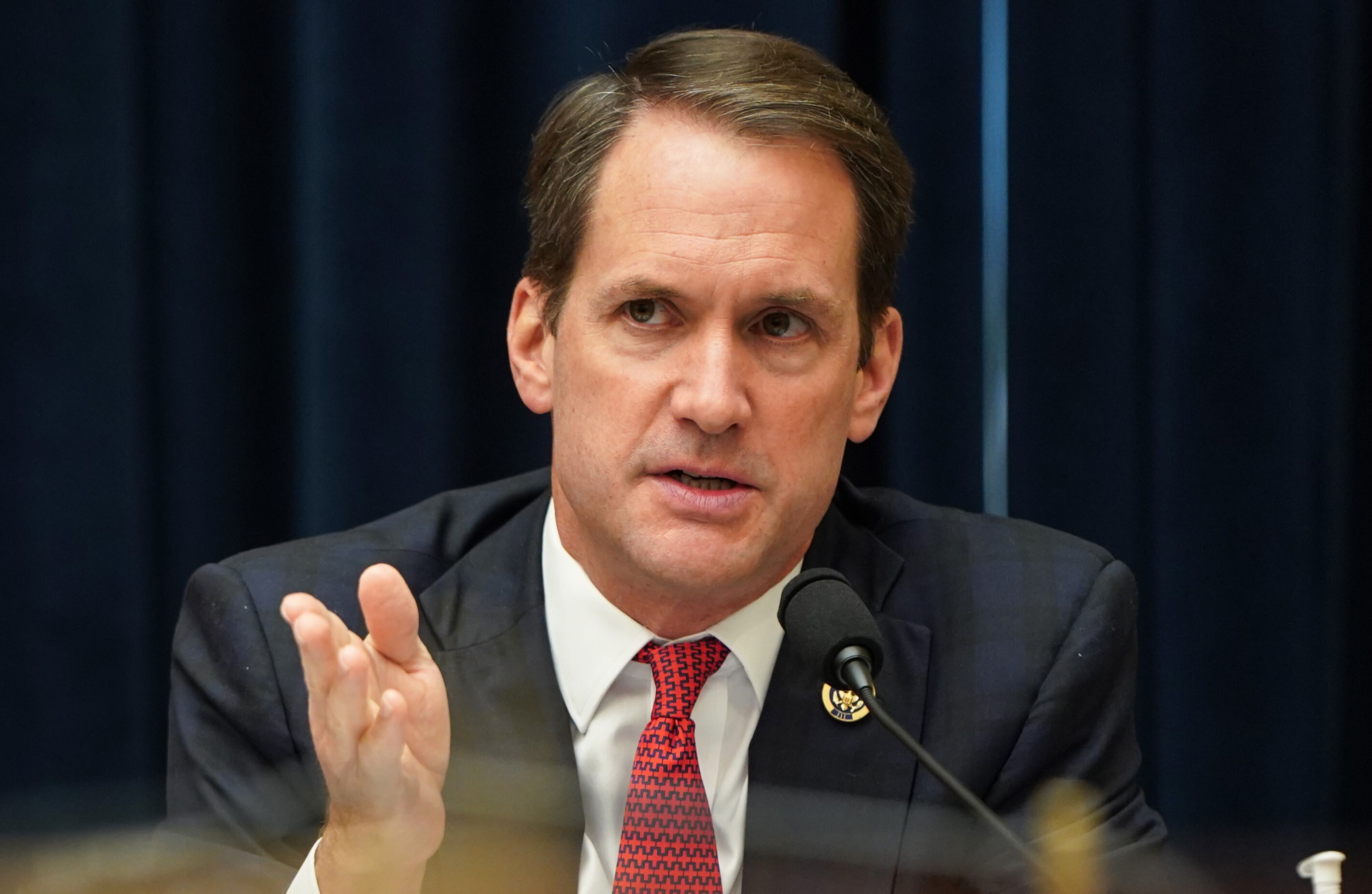 Rep. Jim Himes questions US Treasury Secretary Steven Mnuchin and Federal Reserve Chair Jerome Powell as they testify during a House Financial Services Committee hearing in Washington, DC, on September 22, 2020. <br>