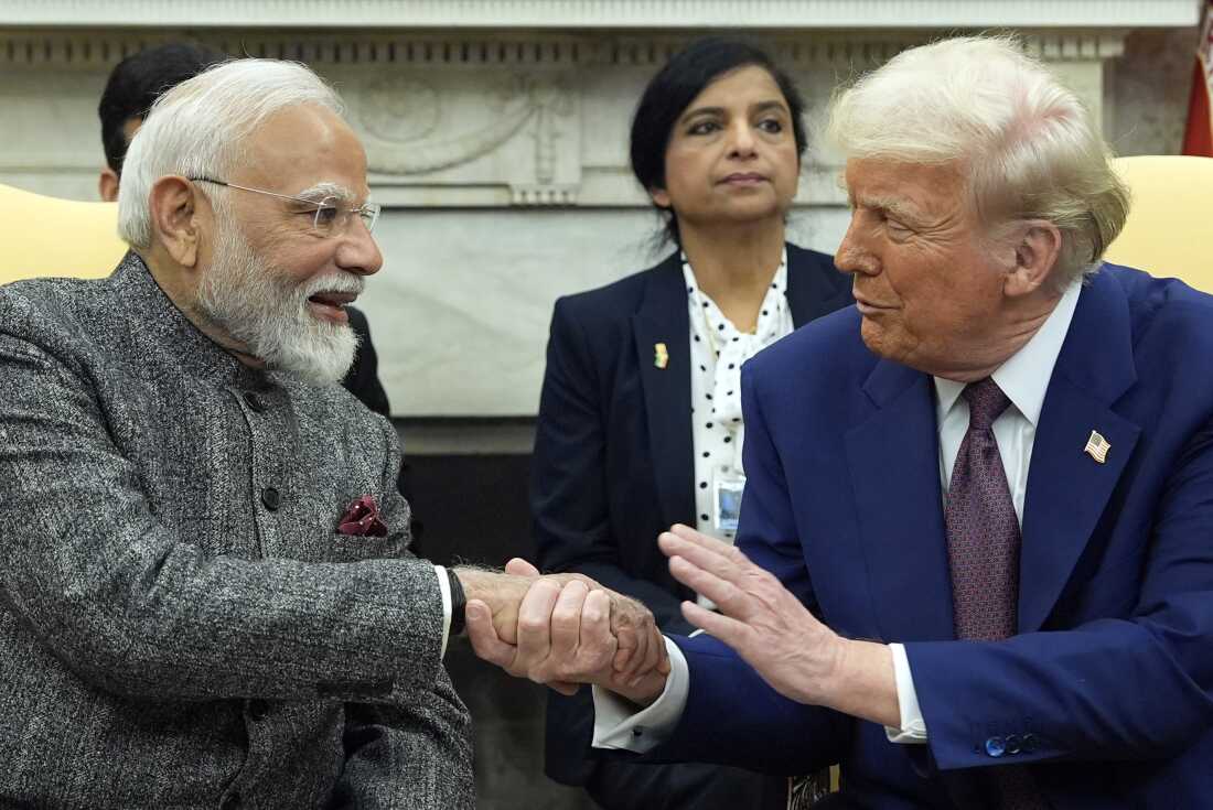 President Trump shakes hands with India's Prime Minister Narendra Modi in the Oval Office of the White House, Thursday, Feb. 13, 2025, in Washington. (