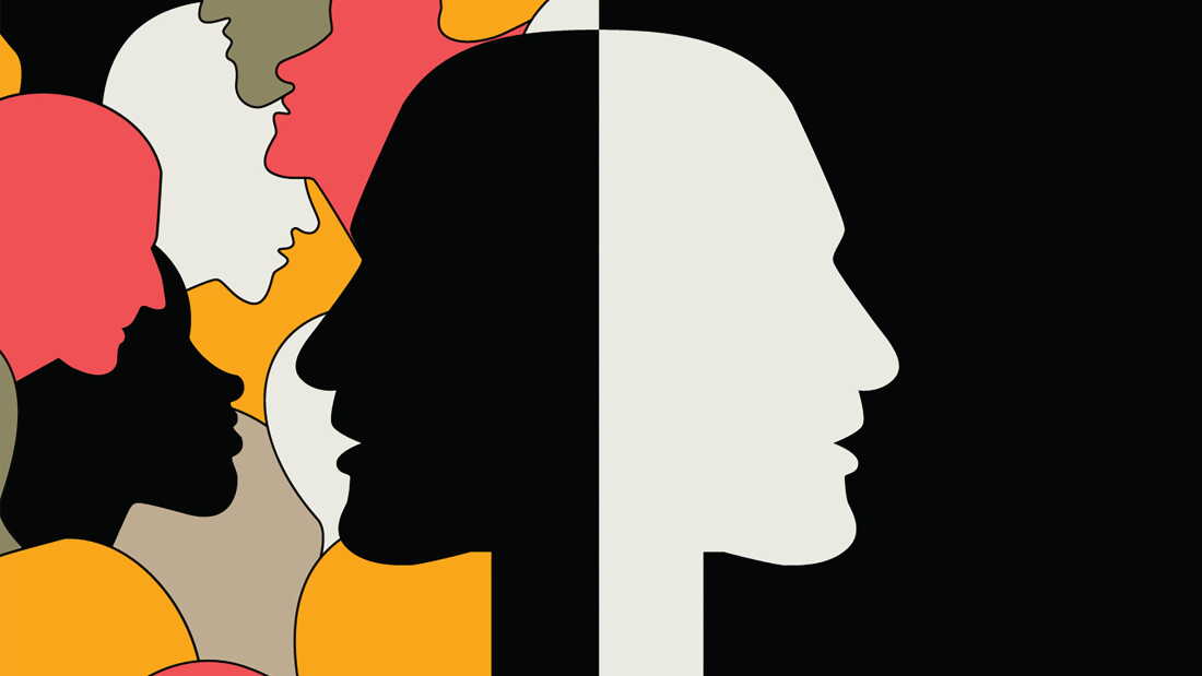 An illustration shows a frame, split in half. On the left, a black silhouette of a face in profile faces outward, surrounded by colorful silhouettes of other people. On the right, a white silhouette faces the other direction, with only a black background.