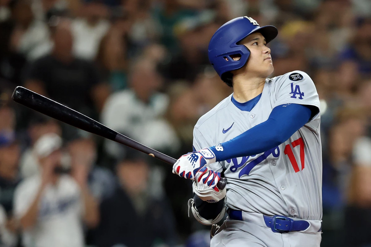 Superstar Shohei Ohtani of the Los Angeles Dodgers bats against the Seattle Mariners last Friday. Ohtani finished the regular season with a career-high 55 home runs. He didn't pitch as many games due to injury, but still registered 62 strikeouts in 14 games.