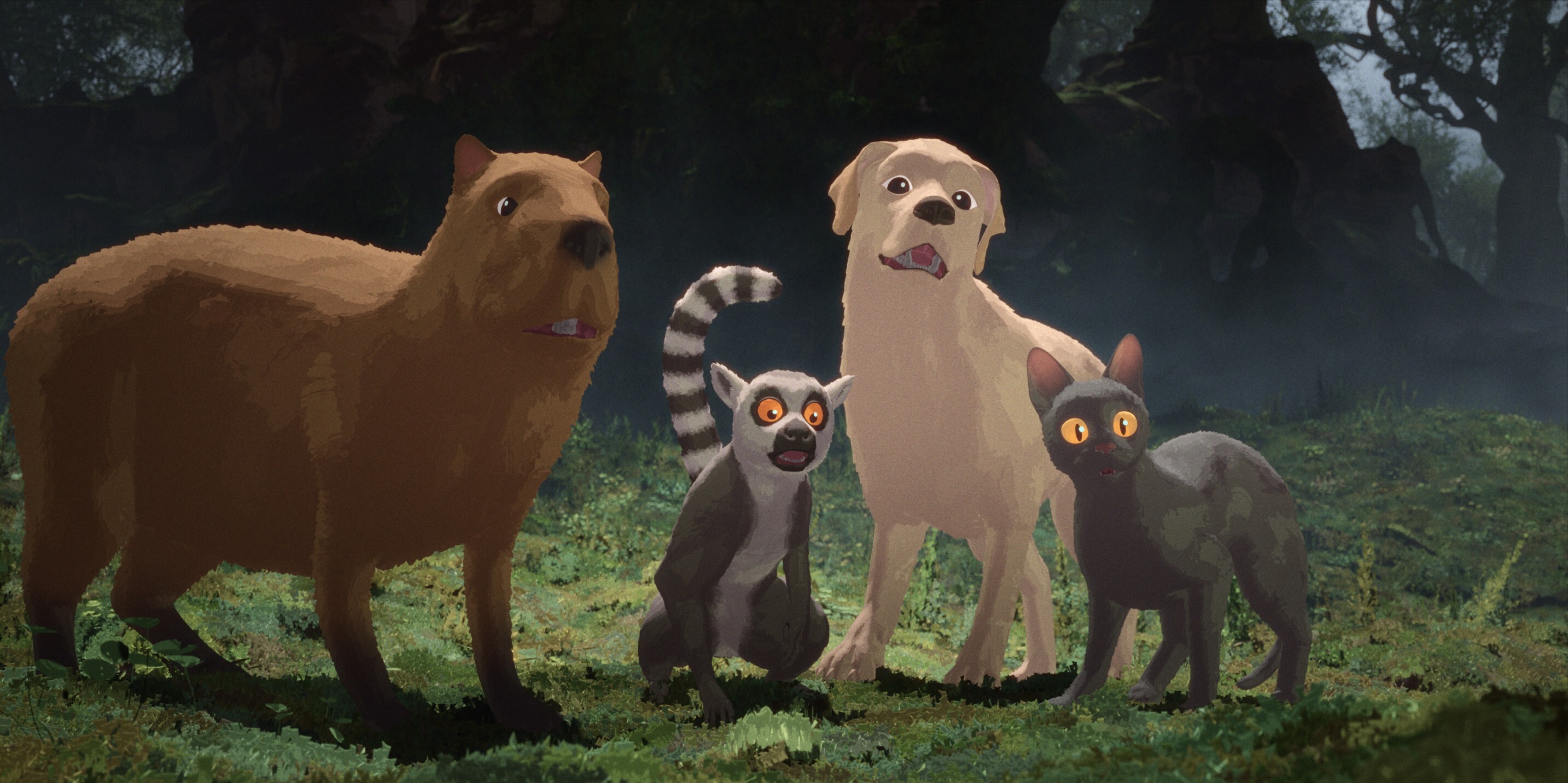 A capybara, a lemur, a dog and a cat forge an unlikely alliance in the Oscar-winning animated feature film <em>Flow.</em>
