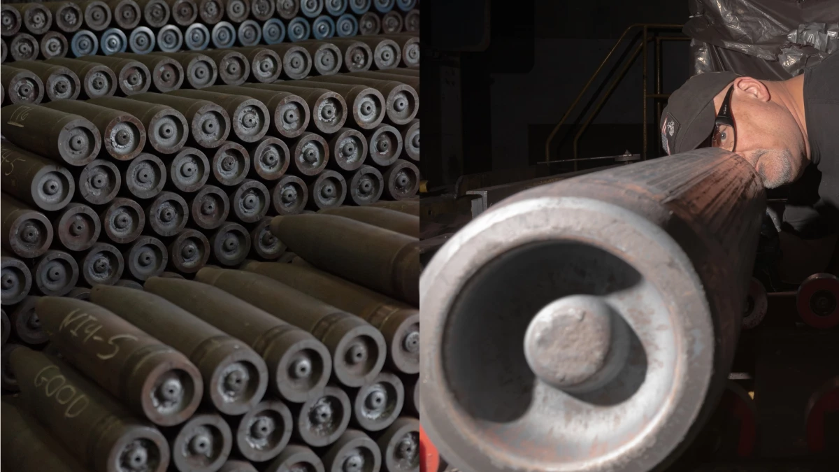 Ammunition casings are stacked on top of each other in a storage space; A Scranton Army Ammunition Plant employee performs inspections on metal billets during the manufacturing process