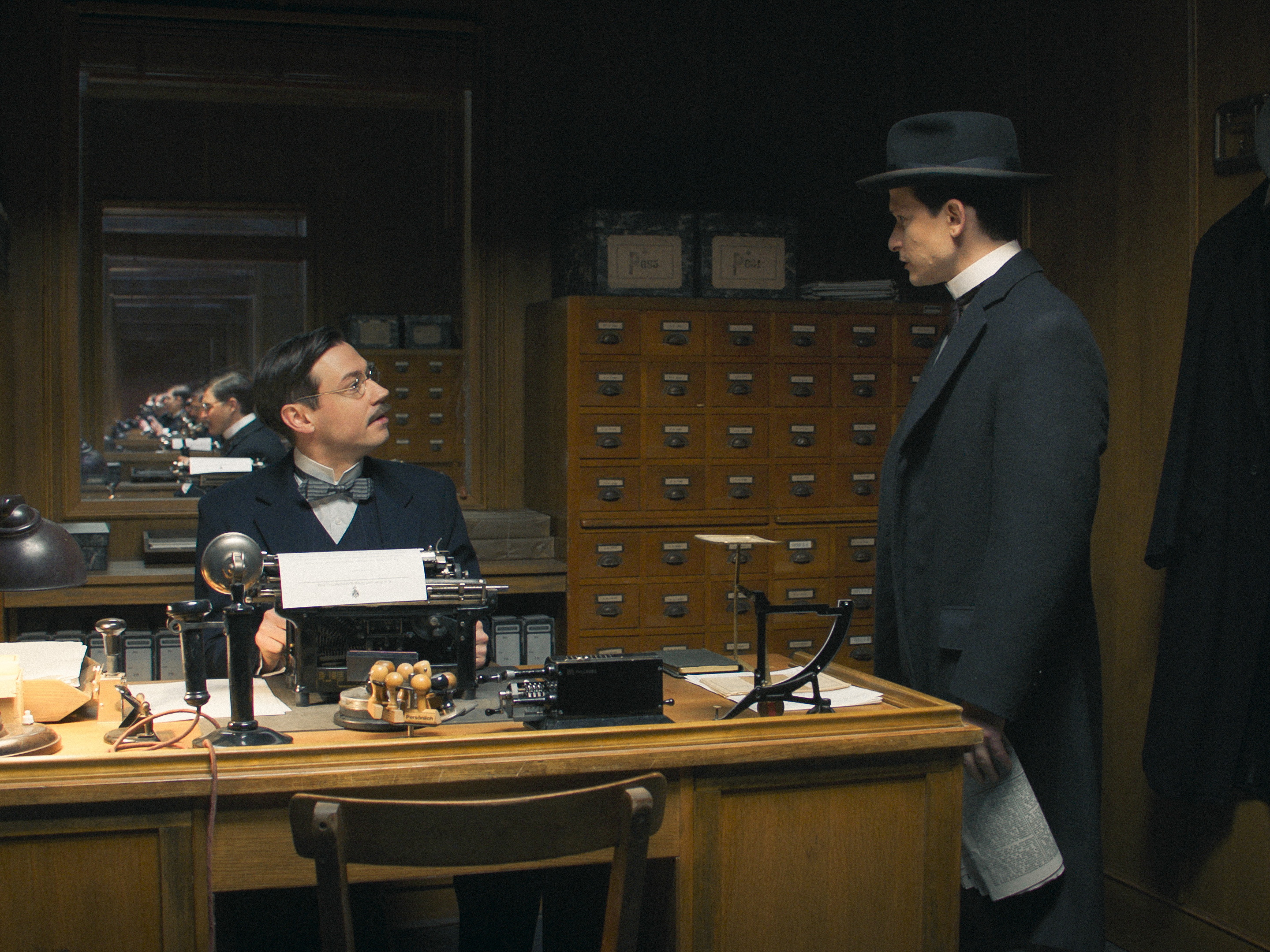 Max Brod (left), a recognized writer at the time, relentlessly promoted the writings of his friend, Franz Kafka, played here respectively by David Kross and Joel Basman in the Austrian-German series <em>Kafka</em>, now streaming in the U.S.