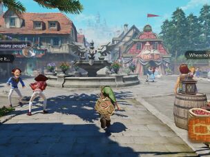 The busy central plaza of Hyrule Castle Town.