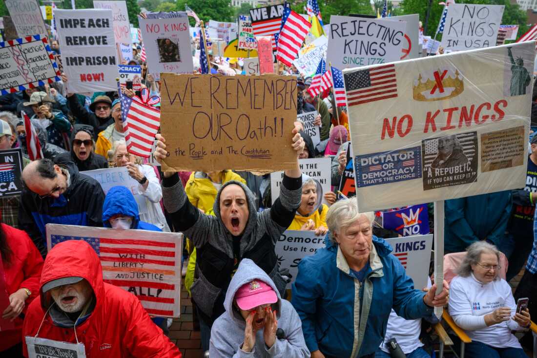 See No Kings protests around the country : The Picture Show : NPR 25 Hartford: Demonstrators outside The Connecticut State Capitol chant during a No Kings protest that event organizers said an estimated 7000 people attended.