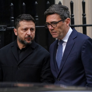 Britain's Prime Minister Andy Burnham says goodbye to Ukraine's President Volodymyr Zelenskyy after their meeting at 10 Downing Street in London, Wednesday, Oct. 14, 2026.