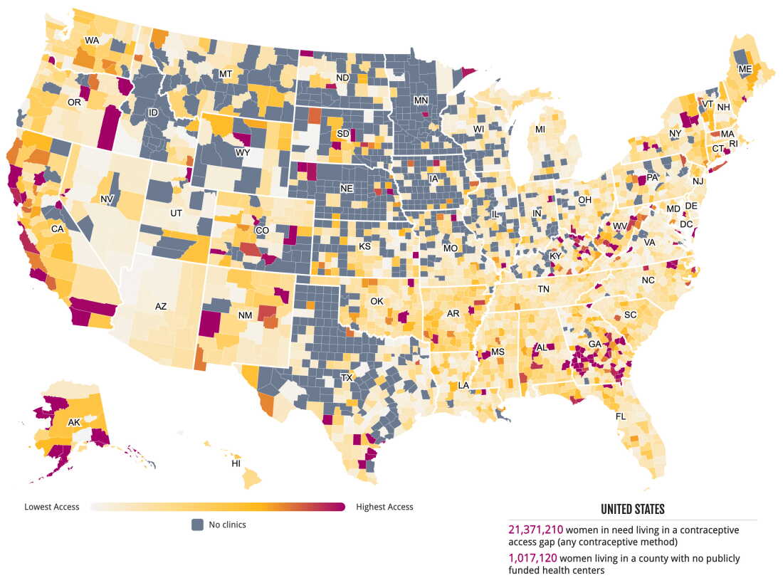 An interactive map from Power to Decide shows to what degree publicly-funded contraceptive services meet local needs. Counties in red have the highest access, according to this analysis, and the lightest yellow counties have the lowest. In the counties in gray, no publicly-funded clinics offer contraceptive services.