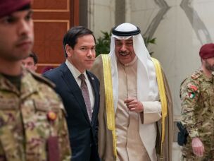 U.S. Secretary of State Marco Rubio and Kuwait's Crown Prince Sheikh Sabah Khaled Al-Hamad Al-Sabah share a word on the occasion of their meeting at Bayan Palace during Rubio's visit to the Middle East to discuss the interim deal between the U.S. and Iran with Arab Gulf allies, in Kuwait City, Kuwait, Wednesday.