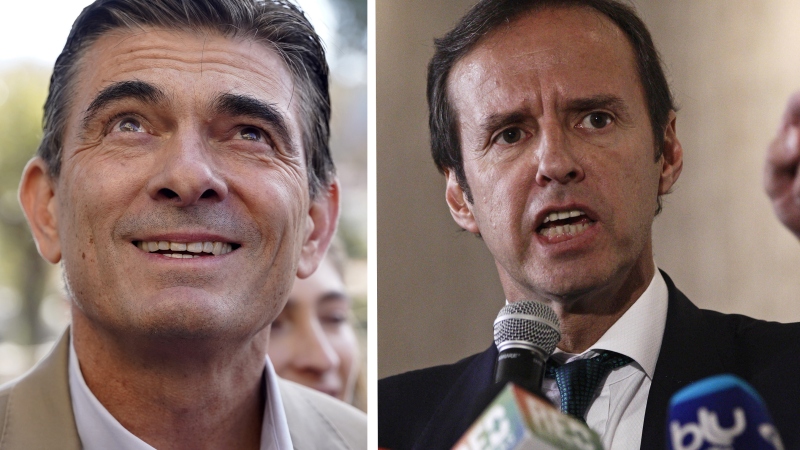 This combination photo shows presidential candidates Rodrigo Paz, left and Bolivia's former President Jorge Quiroga, right.