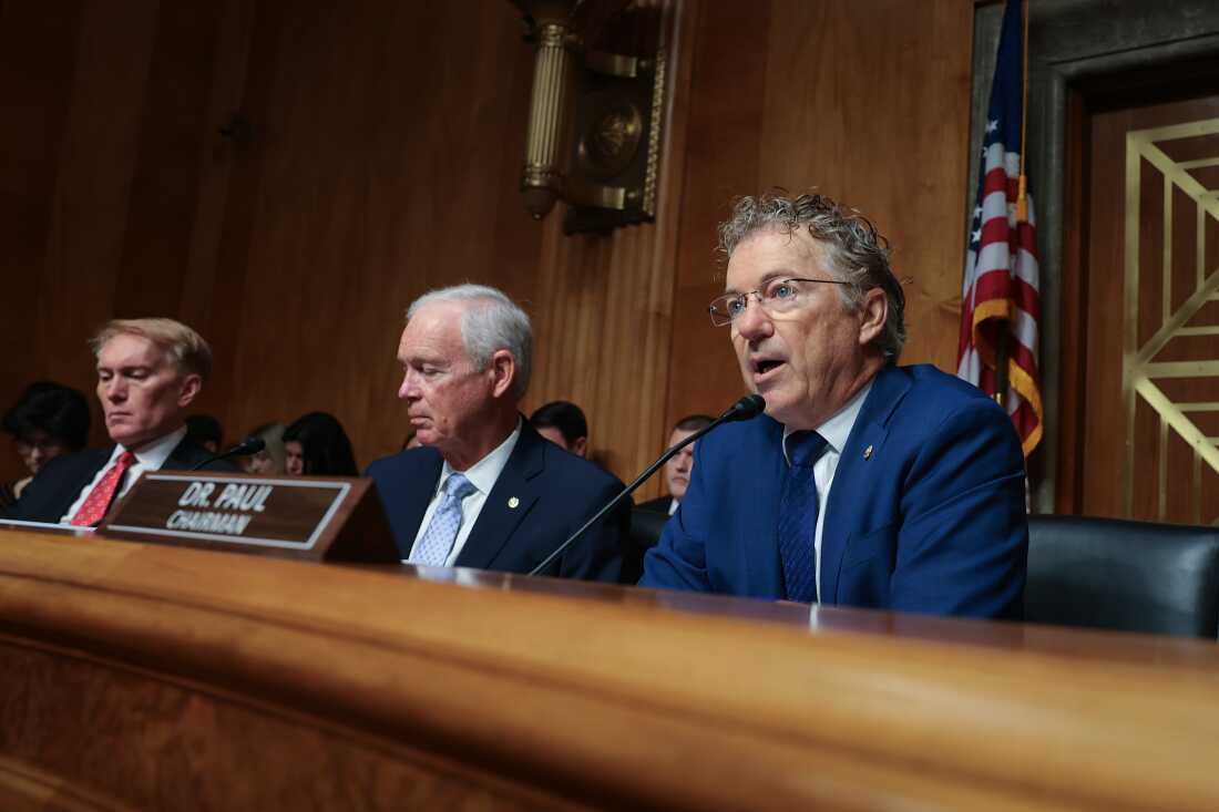 Sen. Rand Paul sits in front of a microphone as he delivers his opening statement at a Senate Homeland Security and Governmental Affairs Committee hearing on July 29.