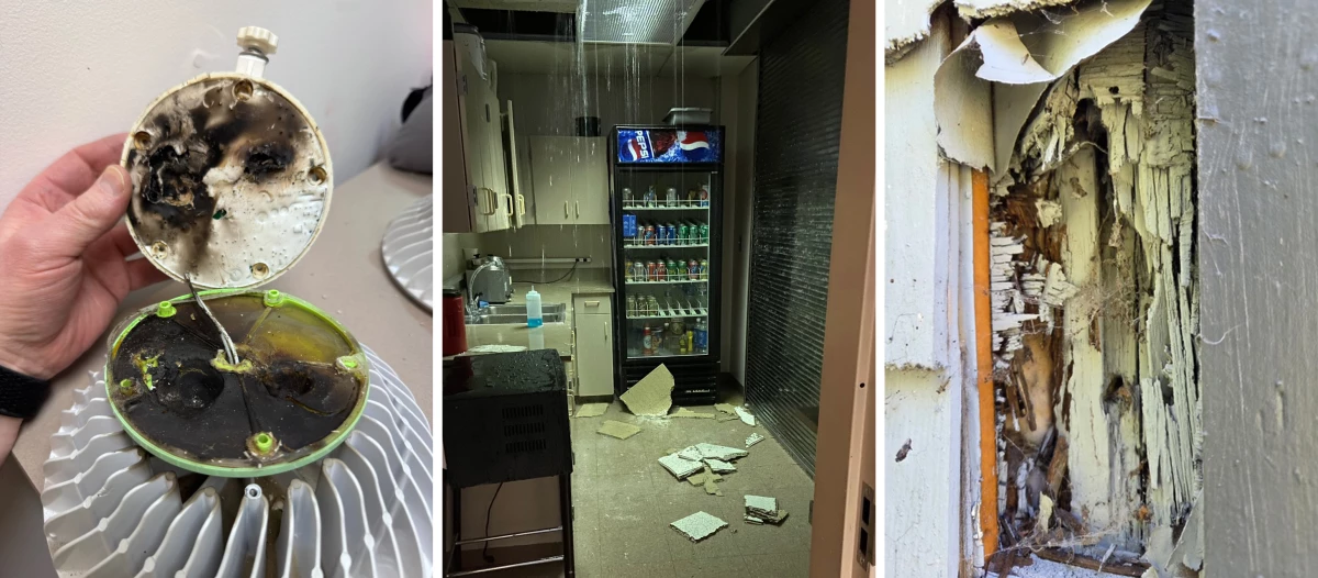 Rod Morrison, superintendent of the Southeast Island School District, said he loses sleep over liability in his schools, including fire hazards (left), leaking roofs (center) and structural damage (right).