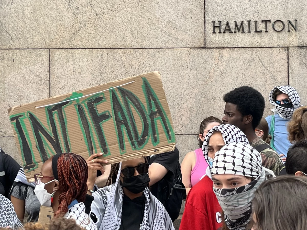 A pro-Palestinian protester at Columbia University in early May. Chants calling for 'intifada' have become central at many demonstrations against the war in Gaza and the Israeli occupation of the Palestinian territories.