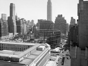 The aboveground portion of New York City's original Penn Station was demolished in the 1960s for the construction of Madison Square Garden (pictured in 1966). The ensuing backlash helped catalyze the modern historic preservation movement.