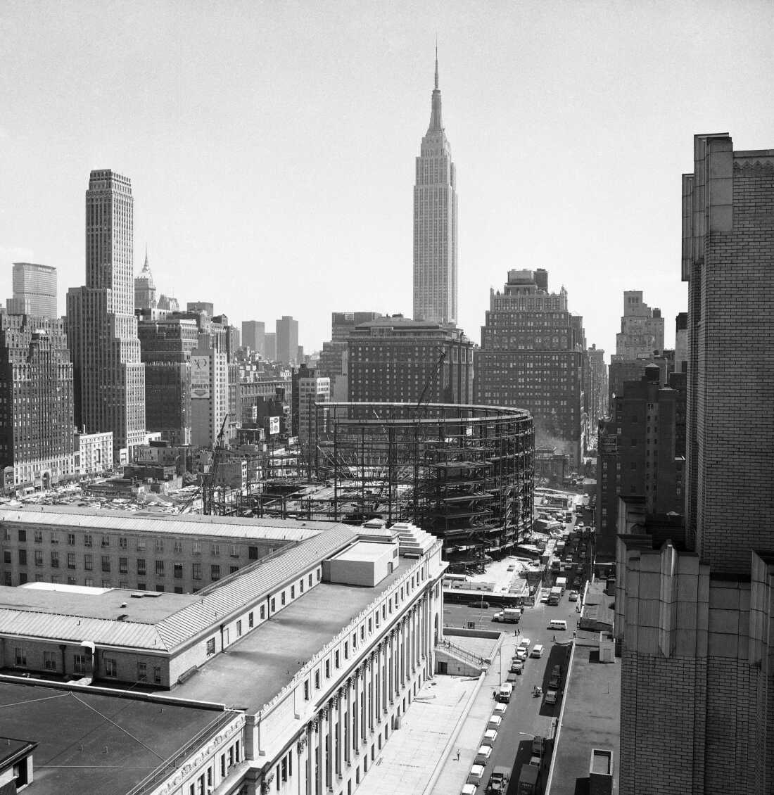 The aboveground portion of New York City's original Penn Station was demolished in the 1960s for the construction of Madison Square Garden (pictured in 1966).