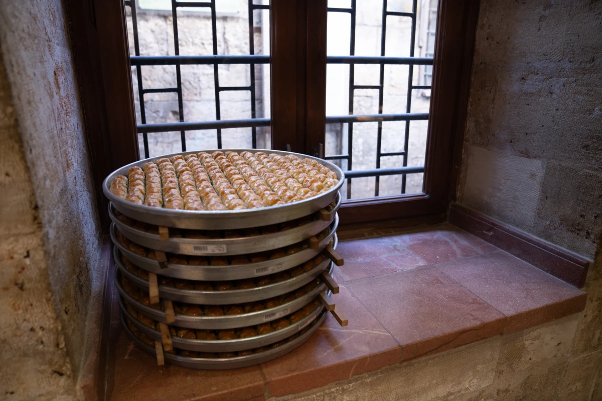 Fresh baklava sits on a windowsill at Gulluoglu.