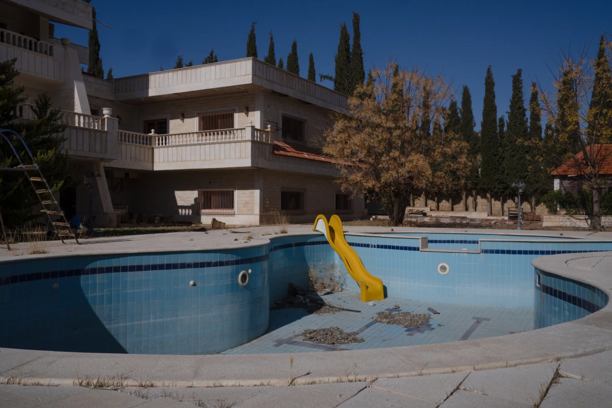 The swimming pool is dirty and abandoned at a building where Captagon was being made before Assad fell.