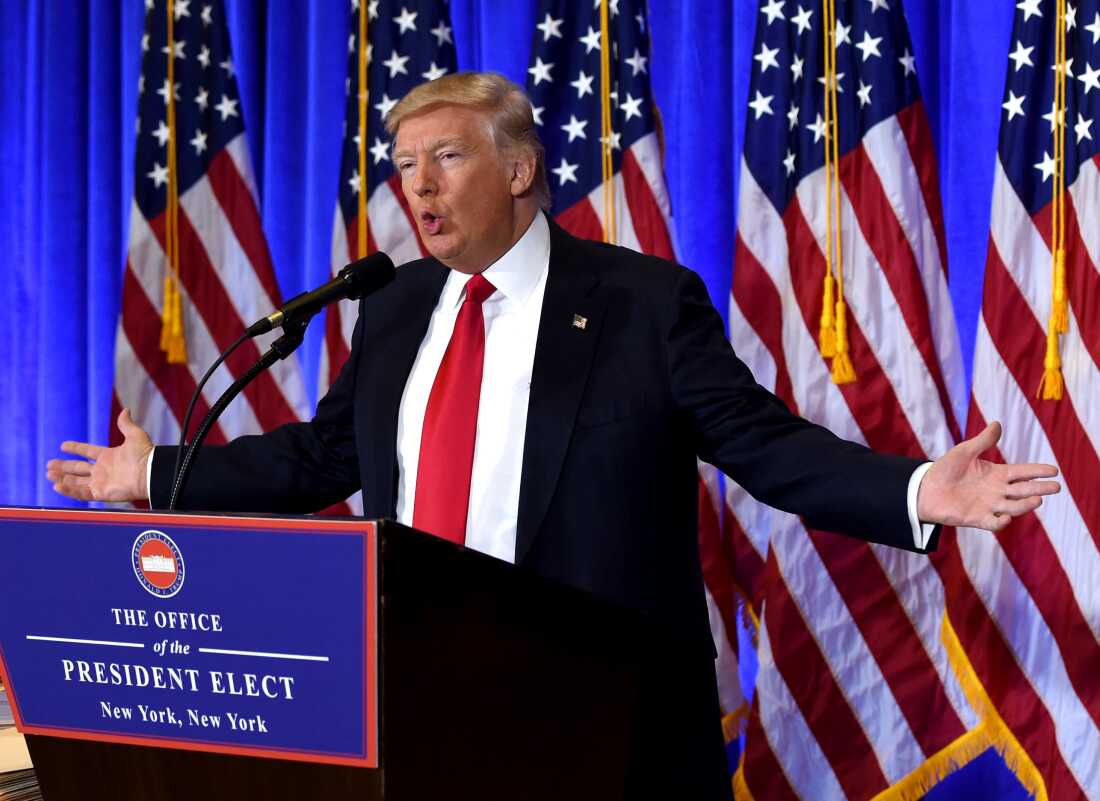 President-elect Donald Trump speaks during a press conference on Jan. 11, 2017 at Trump Tower in New York. After his 2016 victory, with cameras trained on the elevators in the lobby of Trump Tower, the president-elect put on a show, parading candidates for administration positions through.