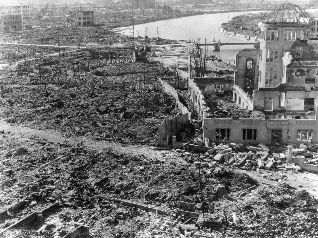 Devastation at Hiroshima, after the atomic bomb was dropped. The building on the right was preserved as the Hiroshima Peace Memorial, Atomic Bomb Dome or Genbaku Dome.