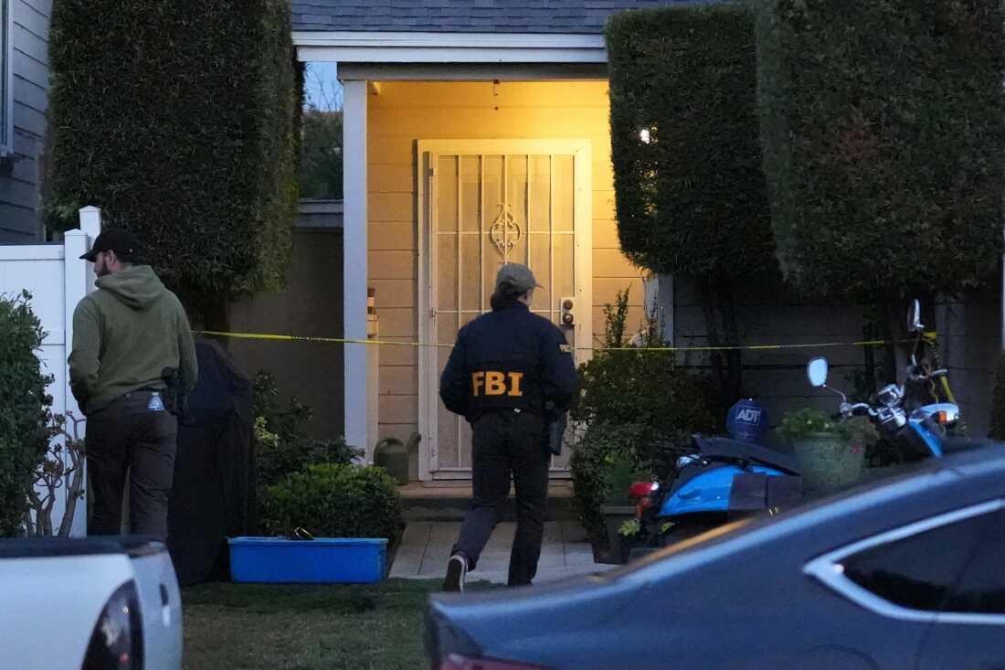 FBI agents work on Sunday at an address in Torrance, Calif., connected to Cole Tomas Allen, who was identified as the shooting suspect at the White House Correspondents Dinner the night before.