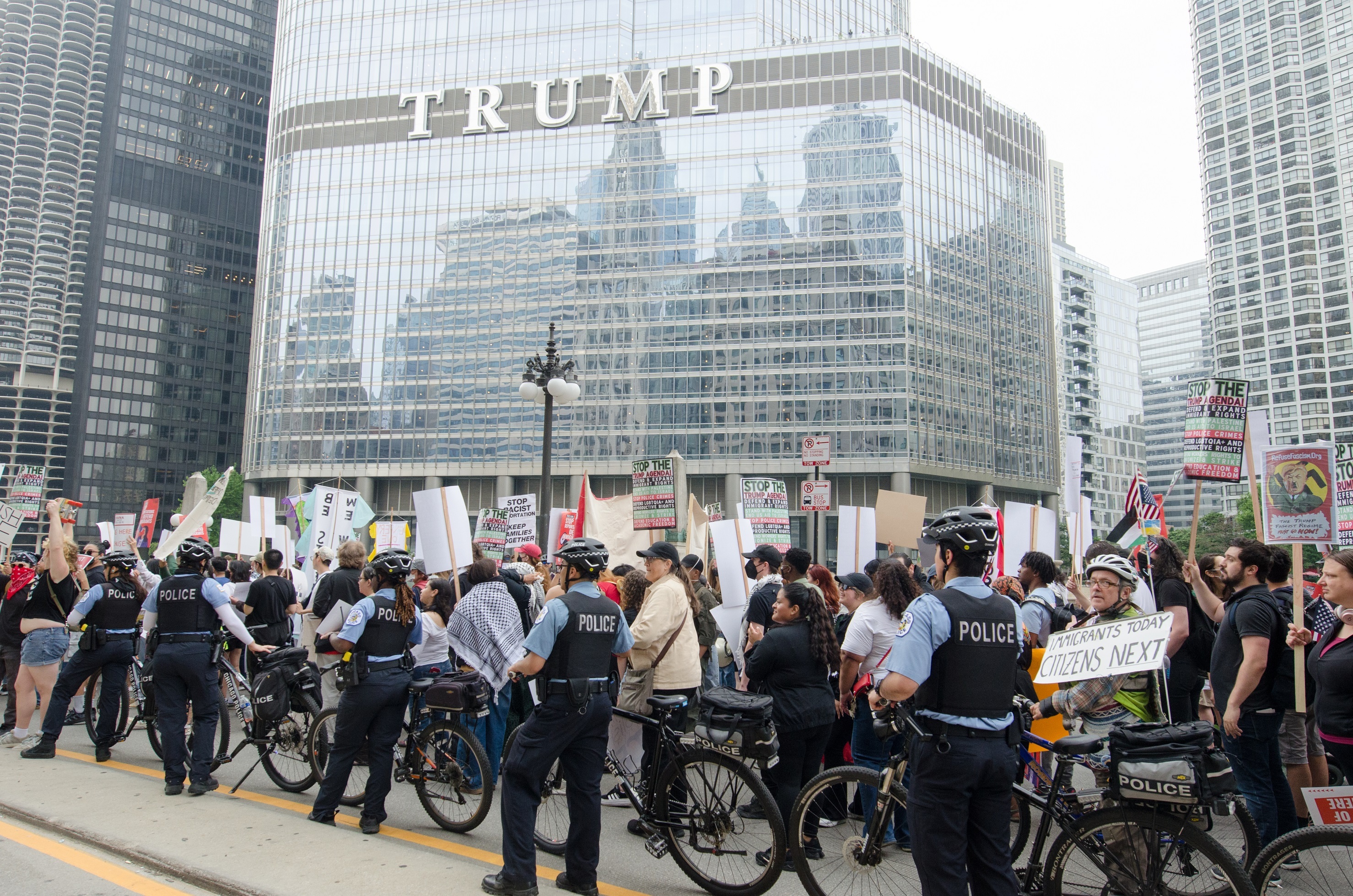 Protesters march through downtown Chicago on June 12, during the second day of demonstrations against Immigration and Customs Enforcement (ICE) raids and President Trump