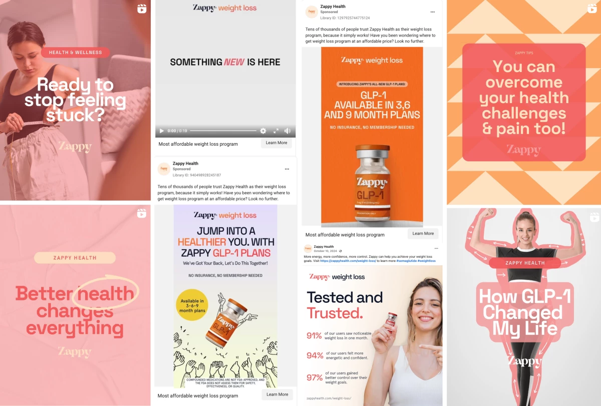Zappy Health ads on Facebook and Instagram promote its weight-loss program, which involves connecting patients to online providers and sending them low-cost obesity drugs made by compounding pharmacies.