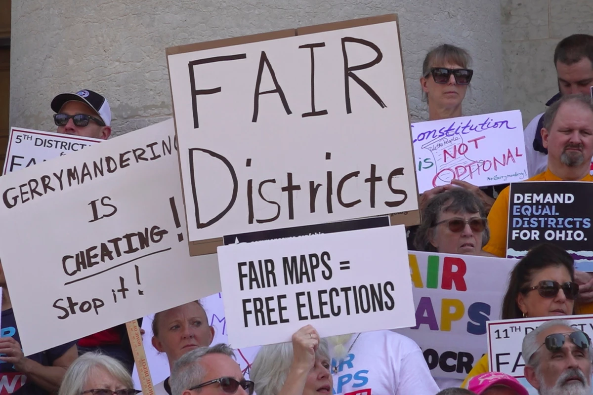 Demonstrators rally outside of the Ohio Statehouse to protest gerrymandering and advocate for lawmakers to draw fair maps in September in Columbus, Ohio.