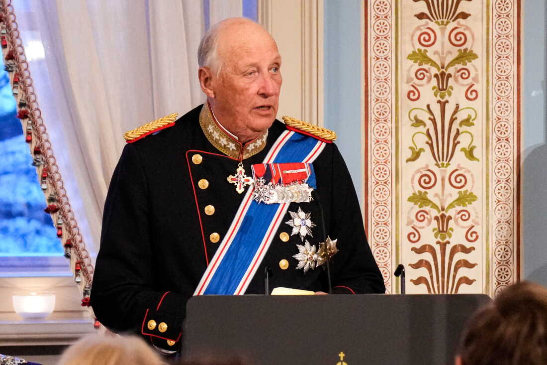 FILE - Norway's King Harald gives a speech during a gala dinner at the Palace in connection with the state visit of the Icelandic presidential couple, in Oslo, on April 8, 2025.