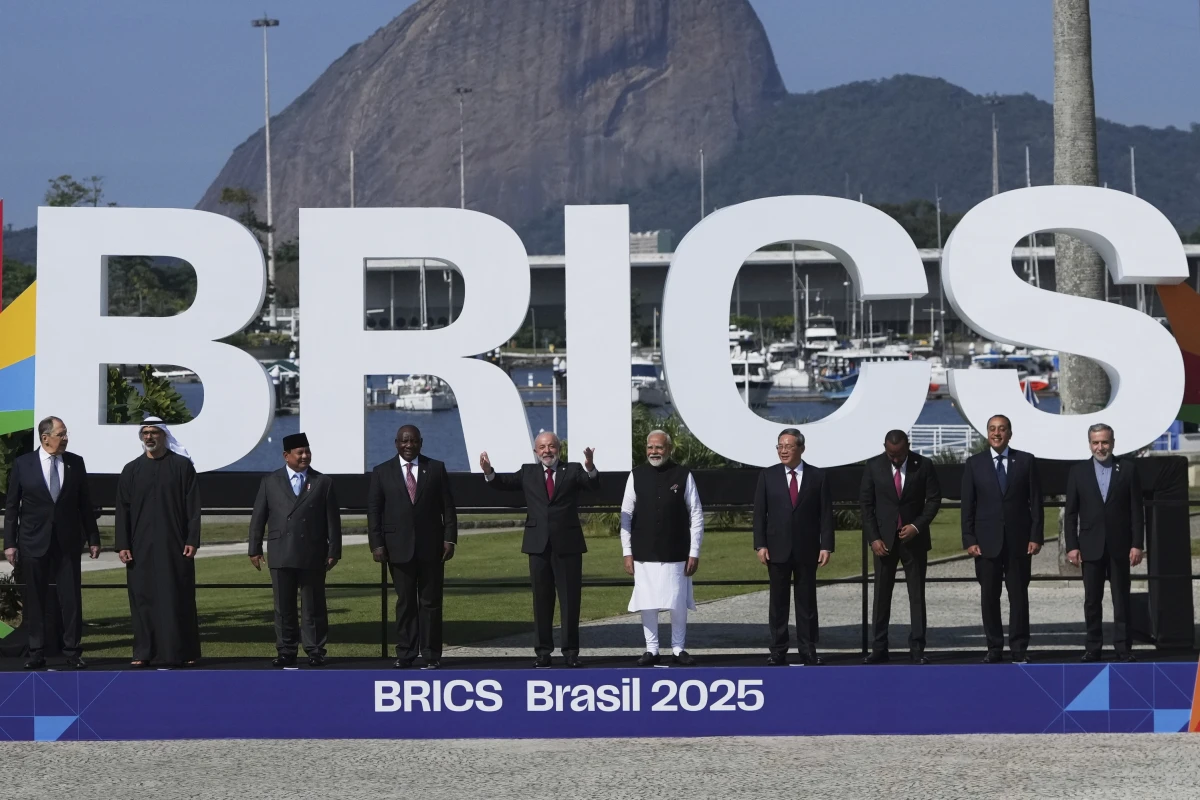 World leaders pose for a group photo at the 17th annual BRICS summit in Rio de Janeiro, Sunday, July 6, 2025.