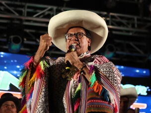 Peru's left-wing presidential candidate, Roberto Sánchez, speaks during a campaign rally at the Plaza Tupac Amaru in Cusco, Peru, on June 2.
