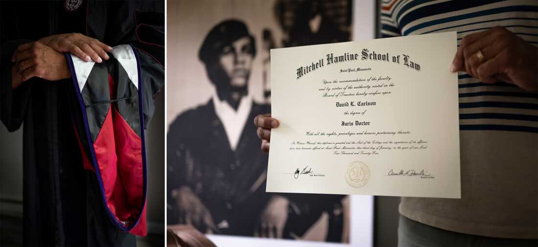 Dave Carlson poses for a portrait with his graduation stole and his Mitchell Hamline law school diploma at his home.