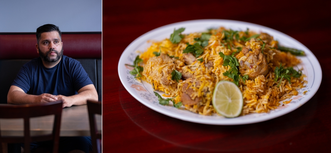 Naveed Haroon, co-owner of Spice & Curry Kabab & Grill, and the restaurant's chicken biryani, in East Meadow on June 3.