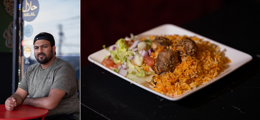 Mohammed Rehman, owner of Sahar's Kitchen & Chai, and the restaurant's chicken biryani, in East Meadow, NY, on June 4.