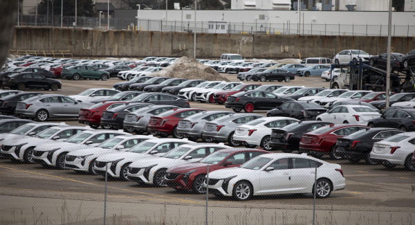 New GM vehicles are parked at an assembly plant in Lansing, Mich., on March 4, 2025.