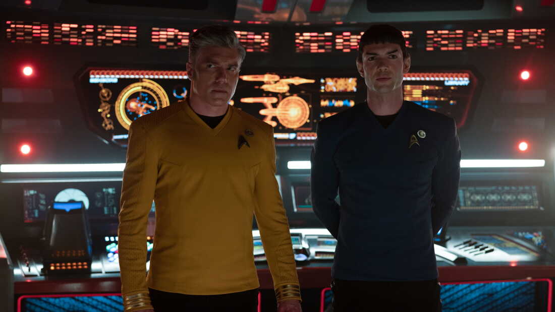Anson Mount, left, as Pike and Ethan Peck as Spock in Star Trek: Strange New Worlds.