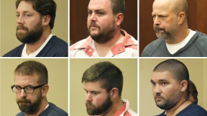 This combination of photos shows former Mississippi law enforcement officers who pleaded guilty to state and federal charges for torturing two Black men, from top left, former Rankin County sheriff’s deputies Hunter Elward, Christian Dedmon, Brett McAlpin, Jeffrey Middleton, Daniel Opdyke and former Richland police officer Joshua Hartfield, during court appearances Aug. 14, 2023, in Brandon, Miss.