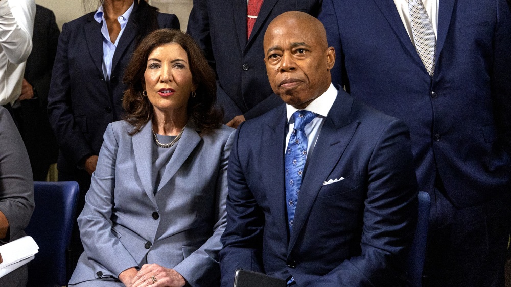 New York Gov. Kathy Hochul, at left, has signaled she may use her authority to force New York City Mayor Eric Adams, at right, a fellow Democrat, from office. Hochul said she plans to meet with "key leaders" in Manhattan on Tuesday before reaching a decision about what she described as "troubling" conduct. (Tribune News Service)