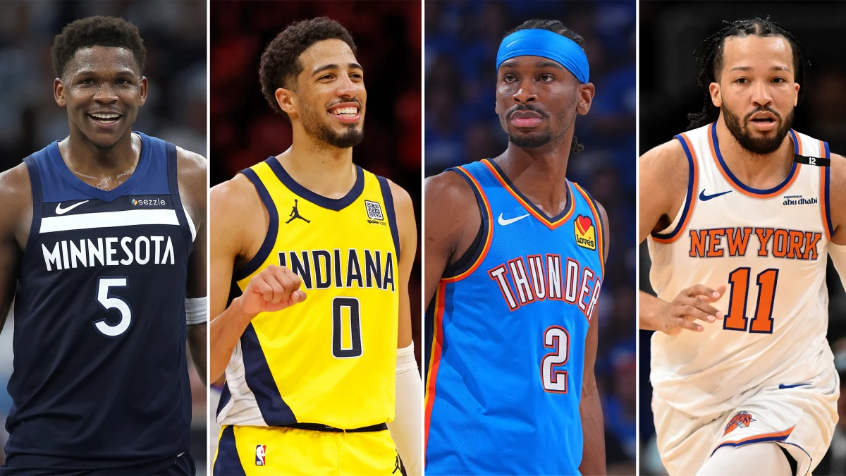 The NBA Conference Finals begin Tuesday. Depending on the outcome, several years-long title streaks will come to an end. (Left to right): Anthony Edwards of the Minnesota Timberwolves, Tyrese Haliburton of the Indiana Pacers, Shai Gilgeous-Alexander of the Oklahoma City Thunder, Jalen Brunson of the New York Knicks