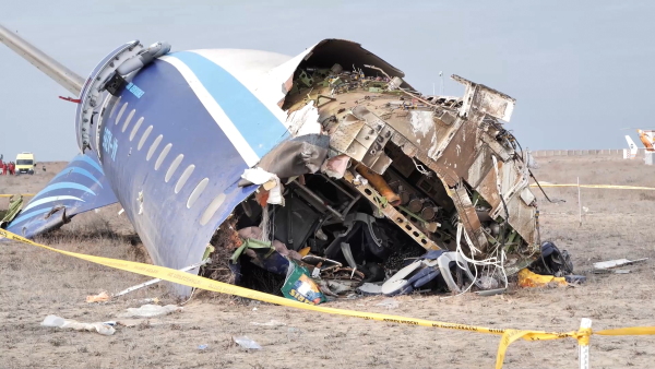 In this photo taken from a video released by the administration of Mangystau region, the wreckage of Azerbaijan Airlines Embraer 190 lies on the ground near the airport of Aktau, Kazakhstan, on Wednesday.