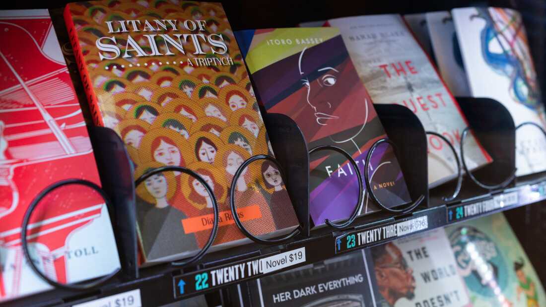 A close-up shot of books on display in LitBox, a book vending machine.