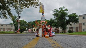 A makeshift memorial for Michael Brown stands in the street on Sept. 11, 2015, in Ferguson, Mo. Brown's death prompted nationwide protests and a White House report on American policing.
