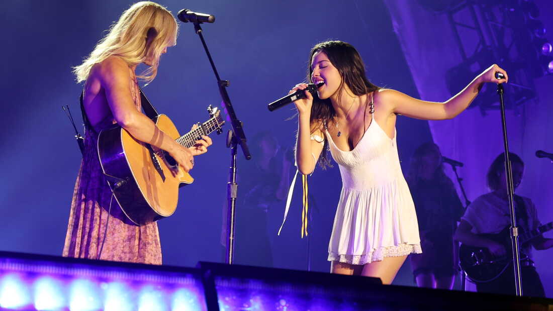 Sarah McLachlan and Olivia Rodrigo perform on the Dandelion Stage during the Daisy Chain Fields music festival.