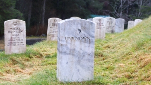 The headstone of an unidentified soldier known as "X-3" is marked as "Unknown" at the Sitka National Cemetery in Sitka, Alaska.
