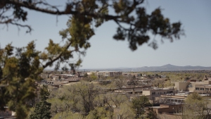 SANTA FE, NEW MEXICO - APRIL 9, 2025: A view of Santa Fe from The Cross of the Martyrs monument in Santa Fe, NM on April 9, 2025. CREDIT: Adria Malcolm for NPR