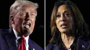This combination of file photos shows former President Donald Trump, left, speaking at a campaign rally, Oct. 18, in Detroit, and Vice President Harris, speaking at a campaign rally in Green Bay, Wisconsin, on Oct. 17.