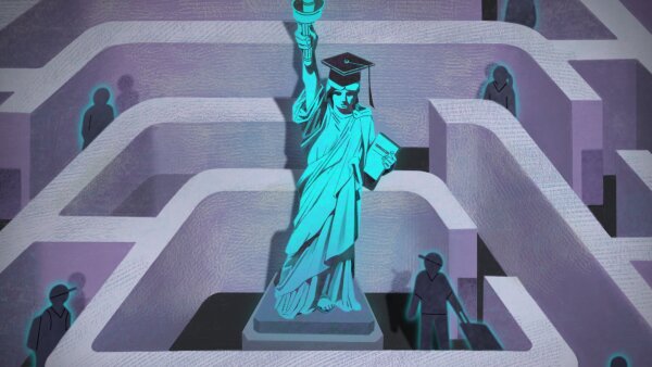 An illustration of the Statue of Liberty in the middle of a maze that people are walking through.